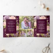 Donker Moody Plum Paarse Blush Roze Bloemen Bruilo Drieluik Uitnodiging (Binnen)