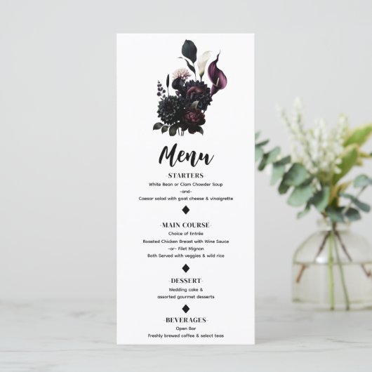 Donker Moody Romantisch Bloemen Wit Bruiloft Menu (Staand voorkant)