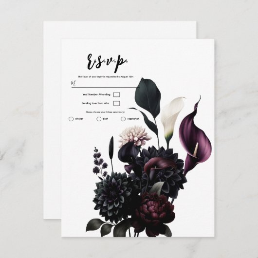 Donker Moody Romantisch Bloemen Wit Bruiloft RSVP Kaart (Voorkant / Achterkant)