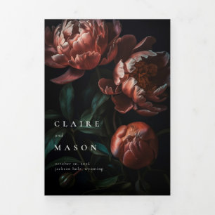 Donker Moody Romantische Gotische Bloemen Bruiloft Drieluik Uitnodiging