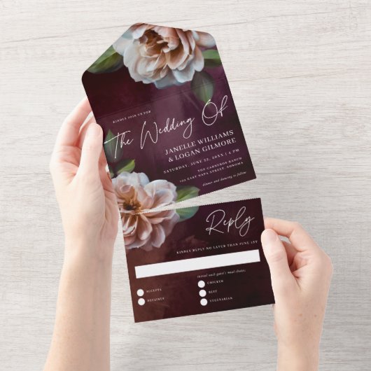 Donker + Moody rustieke bloemenbruiloft All In One Uitnodiging (Afscheurbaar)