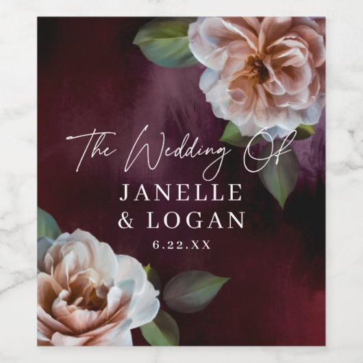 Donker + Moody rustieke bloemenbruiloft Wijn Etiket (Enkel label)