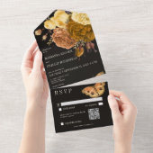 Donker Moody Zwart Herfst Bloemen QR Code All In One Uitnodiging (Afscheurbaar)