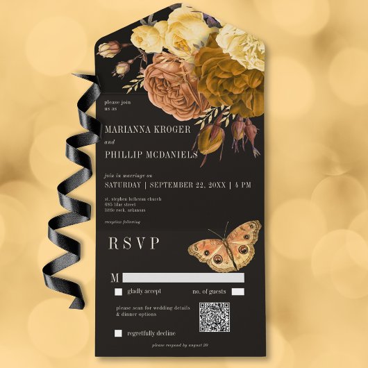 Donker Moody Zwart Herfst Bloemen QR Code All In One Uitnodiging