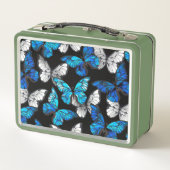 Donker naadloos patroon met blauwe vlinders Morpho (Achterkant)