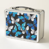 Donker naadloos patroon met blauwe vlinders Morpho (Achterkant)