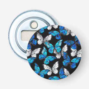 Donker naadloos patroon met blauwe vlinders Morpho Button Flesopener