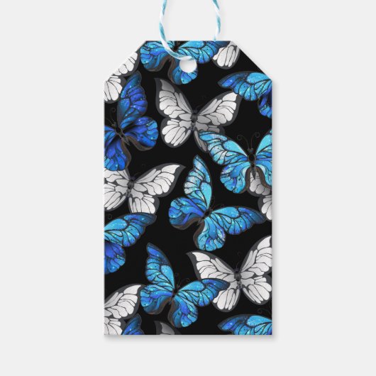 Donker naadloos patroon met blauwe vlinders Morpho Cadeaulabel (Voorkant)