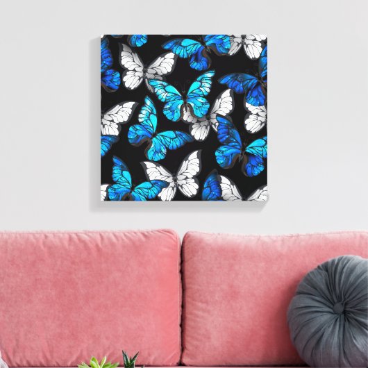 Donker naadloos patroon met blauwe vlinders Morpho Canvas Afdruk (Insitu (Woonkamer))