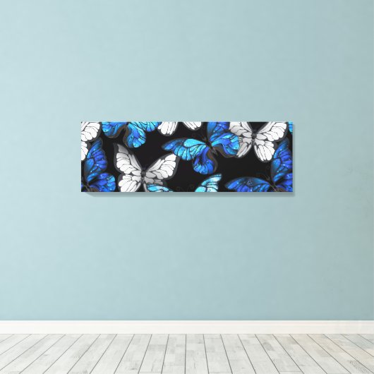 Donker naadloos patroon met blauwe vlinders Morpho Canvas Afdruk (Insitu (Houten vloer))