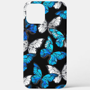 Donker naadloos patroon met blauwe vlinders Morpho iPhone 12 Pro Max Hoesje