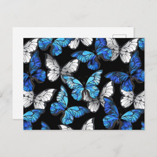 Donker naadloos patroon met blauwe vlinders Morpho Feestdagenkaart (Voorkant / Achterkant)