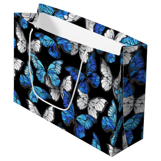 Donker naadloos patroon met blauwe vlinders Morpho Groot Cadeauzakje (Voorkant Gekanteld)