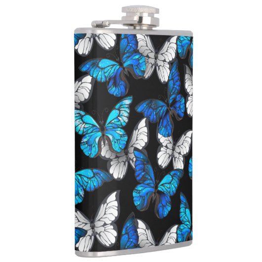 Donker naadloos patroon met blauwe vlinders Morpho Heupfles (Rechts)