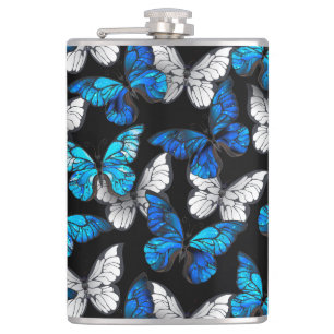 Donker naadloos patroon met blauwe vlinders Morpho Heupfles
