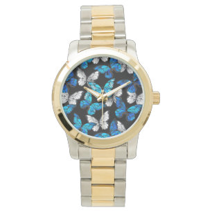 Donker naadloos patroon met blauwe vlinders Morpho Horloge