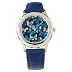 Donker naadloos patroon met blauwe vlinders Morpho Horloge