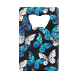 Donker naadloos patroon met blauwe vlinders Morpho Kredietkaart Flessenopener