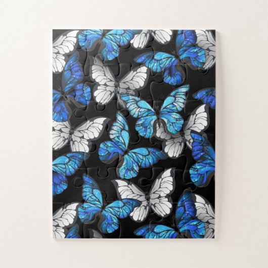 Donker naadloos patroon met blauwe vlinders Morpho Legpuzzel (Verticaal)