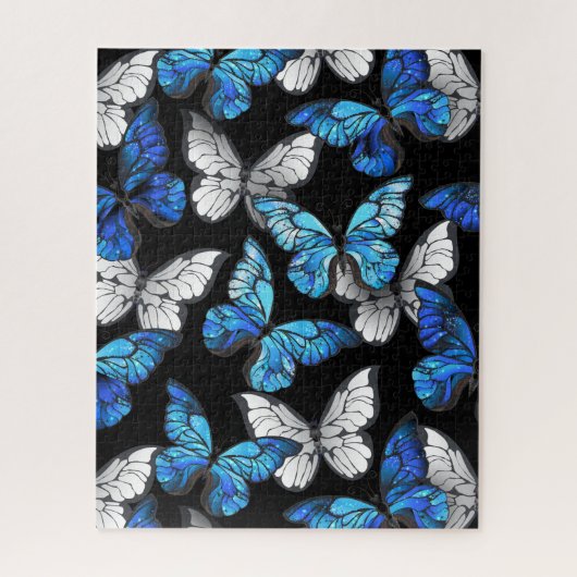 Donker naadloos patroon met blauwe vlinders Morpho Legpuzzel (Verticaal)