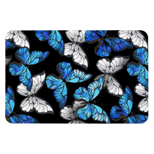 Donker naadloos patroon met blauwe vlinders Morpho Magneet (Horizontaal)