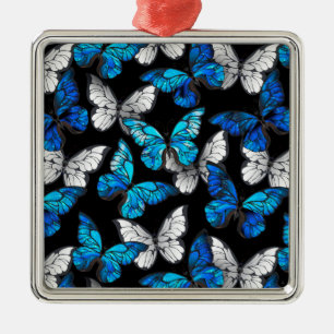 Donker naadloos patroon met blauwe vlinders Morpho Metalen Ornament