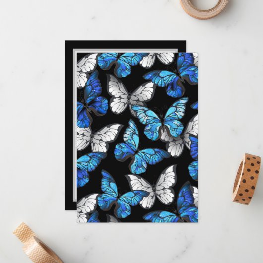 Donker naadloos patroon met blauwe vlinders Morpho Notitiekaartje (Voorkant / Achterkant in situ)