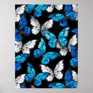 Donker naadloos patroon met blauwe vlinders Morpho Poster