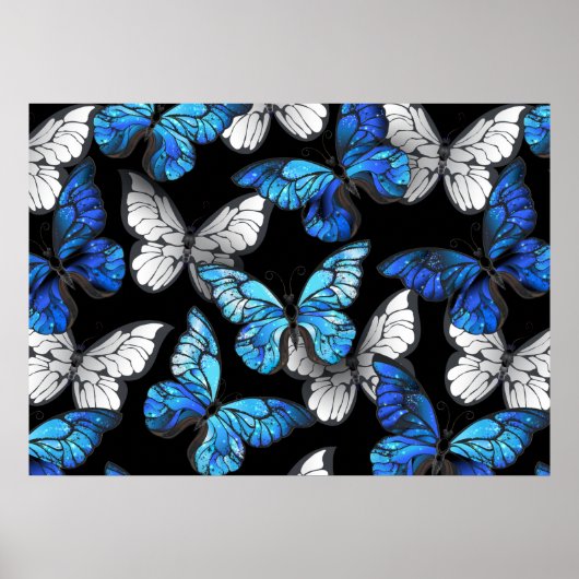 Donker naadloos patroon met blauwe vlinders Morpho Poster (Voorkant)
