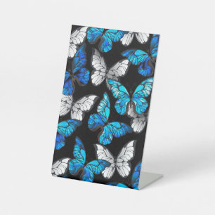 Donker naadloos patroon met blauwe vlinders Morpho Reclamebord Met Voetstuk