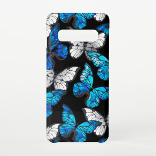 Donker naadloos patroon met blauwe vlinders Morpho Samsung Galaxy S10 Hoesje