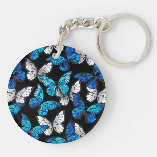 Donker naadloos patroon met blauwe vlinders Morpho Sleutelhanger (Achterkant)