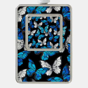 Donker naadloos patroon met blauwe vlinders Morpho Verzilverd Kader Ornament