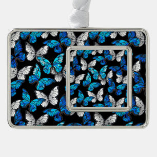 Donker naadloos patroon met blauwe vlinders Morpho Verzilverd Kader Ornament