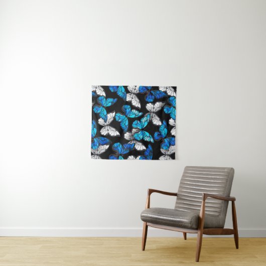 Donker naadloos patroon met blauwe vlinders Morpho Wandkleed (In Situ (horizontaal))