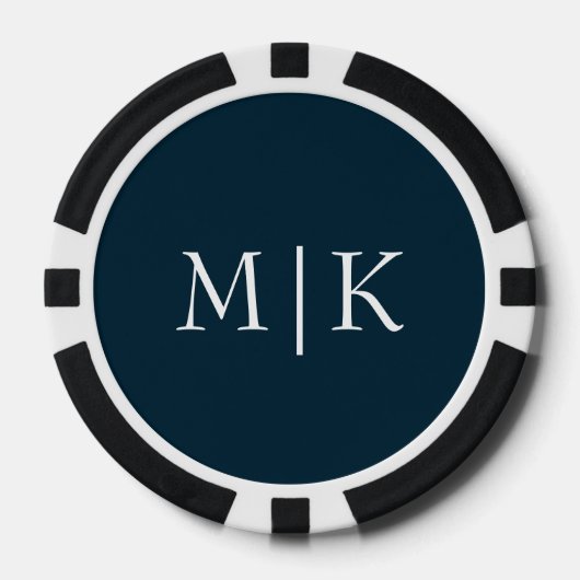 Donker Navy Blauw en Wit | Modern Monogram Poker Chips (Voorkant)