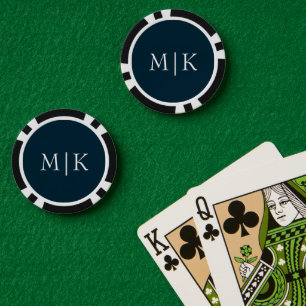 Donker Navy Blauw en Wit Modern Monogram Poker Chips