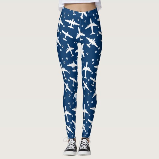 Donker Navy blauw en wit Vliegtuig Leggings (Voorkant)