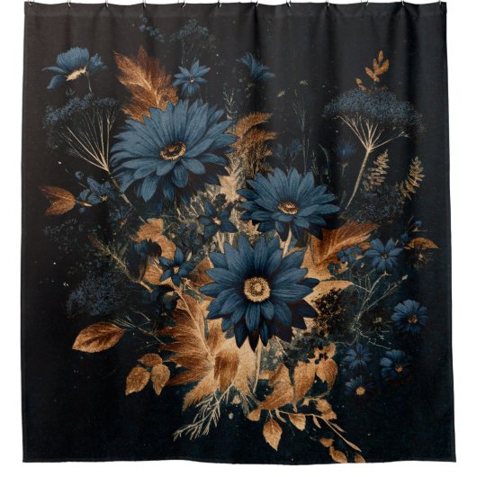 Donker Navy Blauw & Goud Rustiek Bloemen Glam Boho Douchegordijn (Voorkant)
