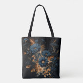 Donker Navy Blauw & Goud Rustiek Bloemen Glam Boho Draagtas (Achterkant)