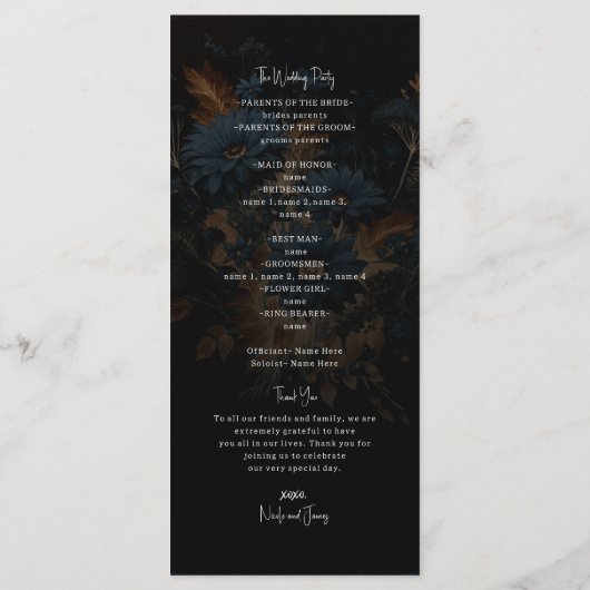 Donker Navy Blauw & Goud Rustiek Glam Boho Bruilof Programma (Achterkant)