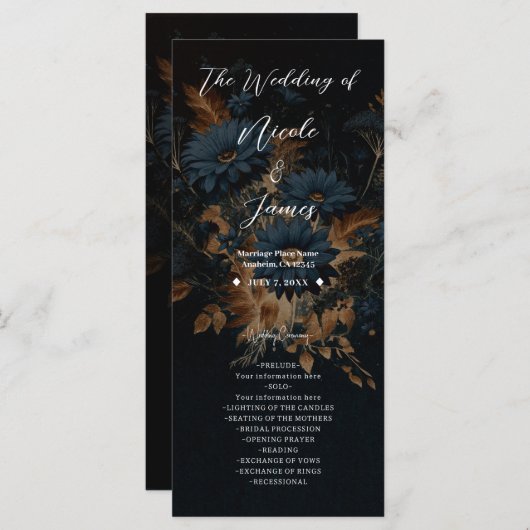 Donker Navy Blauw & Goud Rustiek Glam Boho Bruilof Programma (Voorkant / Achterkant)