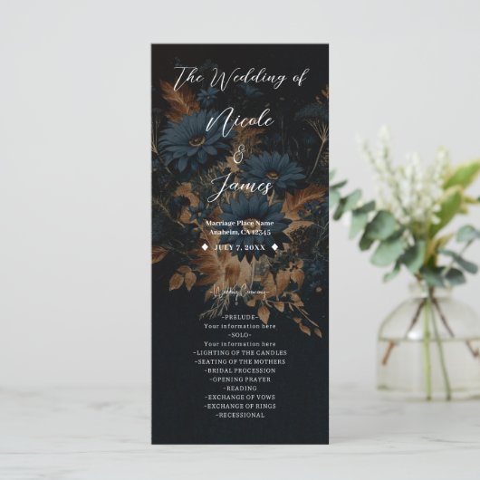 Donker Navy Blauw & Goud Rustiek Glam Boho Bruilof Programma (Staand voorkant)
