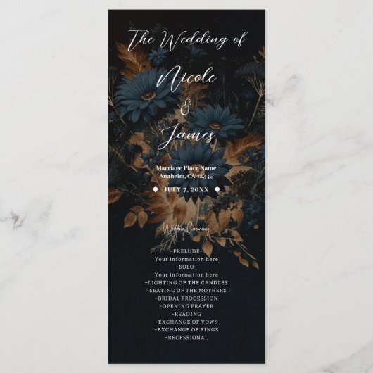 Donker Navy Blauw & Goud Rustiek Glam Boho Bruilof Programma (Voorkant)