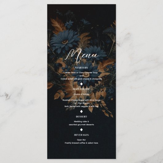 Donker Navy Blauw Goud Rustiek Glam Boho Bruiloft  Menu (Voorkant)