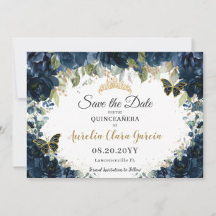 Donker Navy Blue Bloemen Quinceañera Save the Date