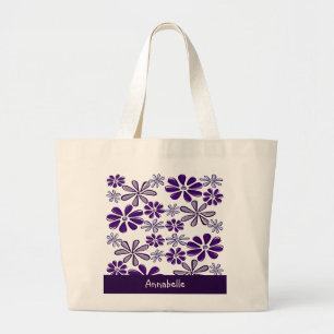 Donker Paarse Bloem Doodle Jouw naam Grote Tote Bag