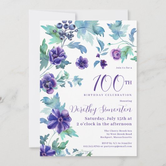 Donker Paarse Bloemen Botanische 100ste Verjaardag Kaart (Voorkant)