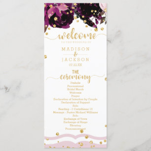 Donker Paarse Bloemen Goud Confetti Trouwprogramma Programma