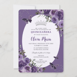 Donker Paarse Bloemenvlinders Silver Quinceañera Kaart